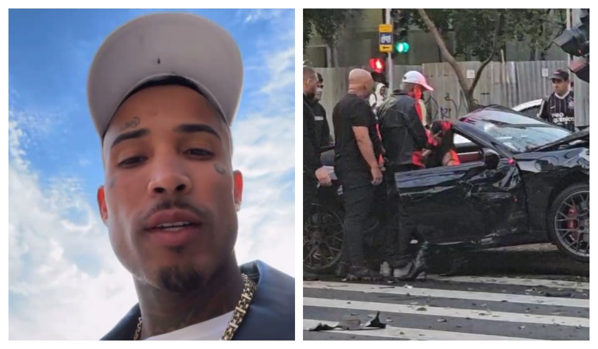 Veículo Porsche conversível danificado após colisão em cruzamento na Avenida Brigadeiro Faria Lima, São Paulo.