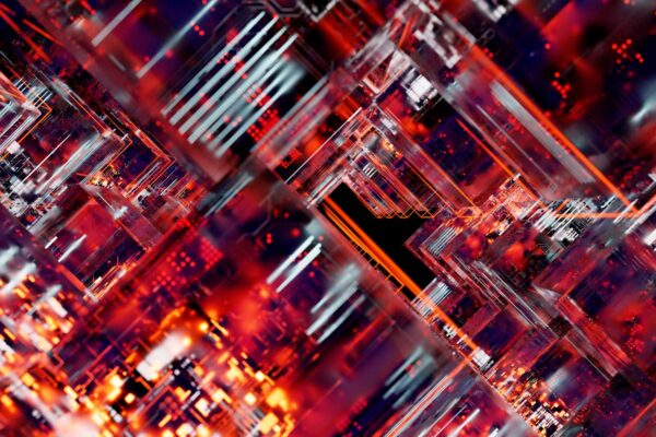 TJSP libera uso de blockchain para prova digital Futuristic abstract image of a digital circuit with glowing lights.