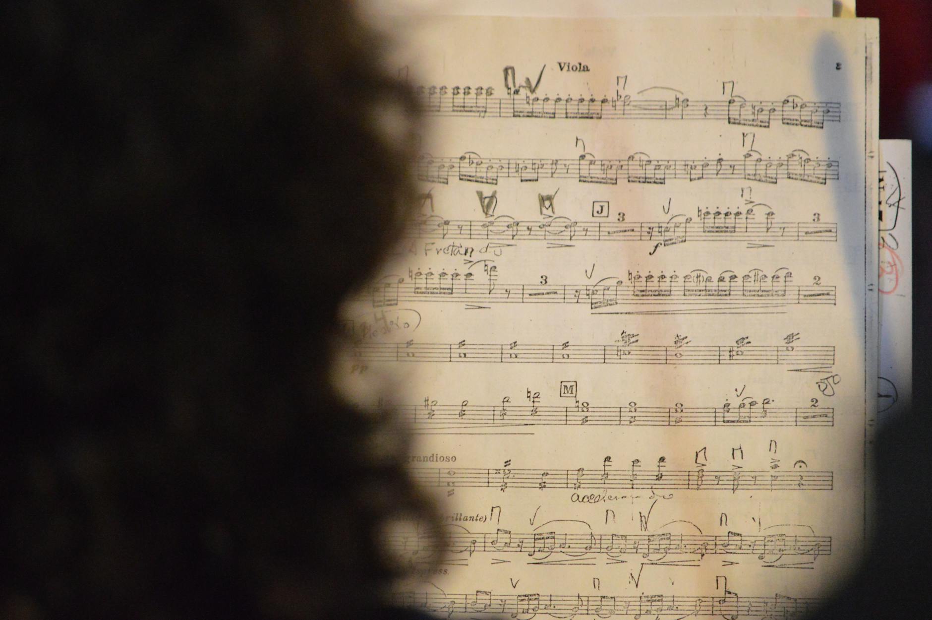 Focused image of viola sheet music with handwritten notes, indoors setting.