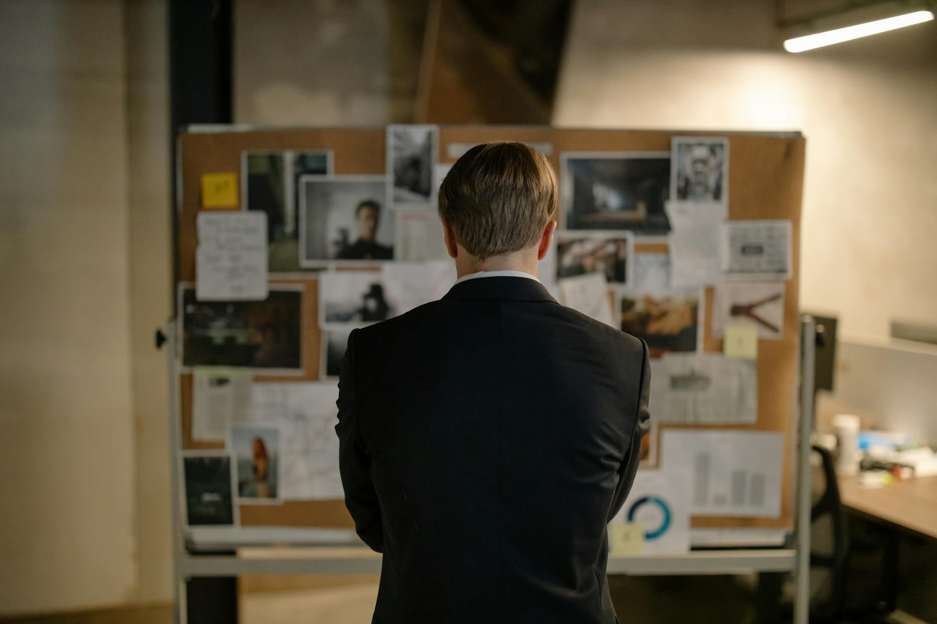 A detective in a suit examines a bulletin board with investigation materials in an office setting.