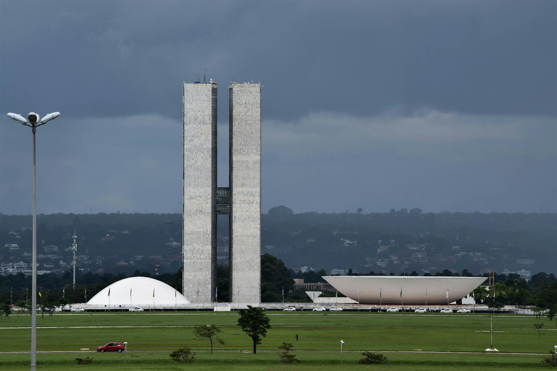 View of the Brazilian National Congress showcasing its iconic modernist architecture.