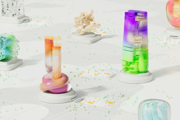 TJSC Implementa IA para Acelerar Julgamentos e Reduzir Atrasos A colorful and vibrant abstract 3D render featuring intricate geometric shapes and structures.