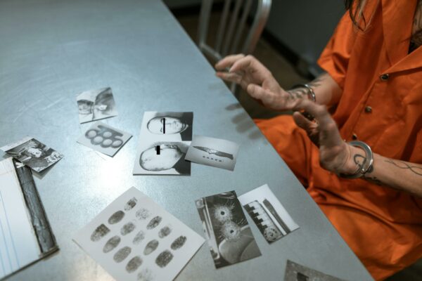 Financiamento Estudantil: Mudanças Aprovadas Geram Polêmica A prisoner in an orange jumpsuit reviews crime scene photos in a jail interrogation room.